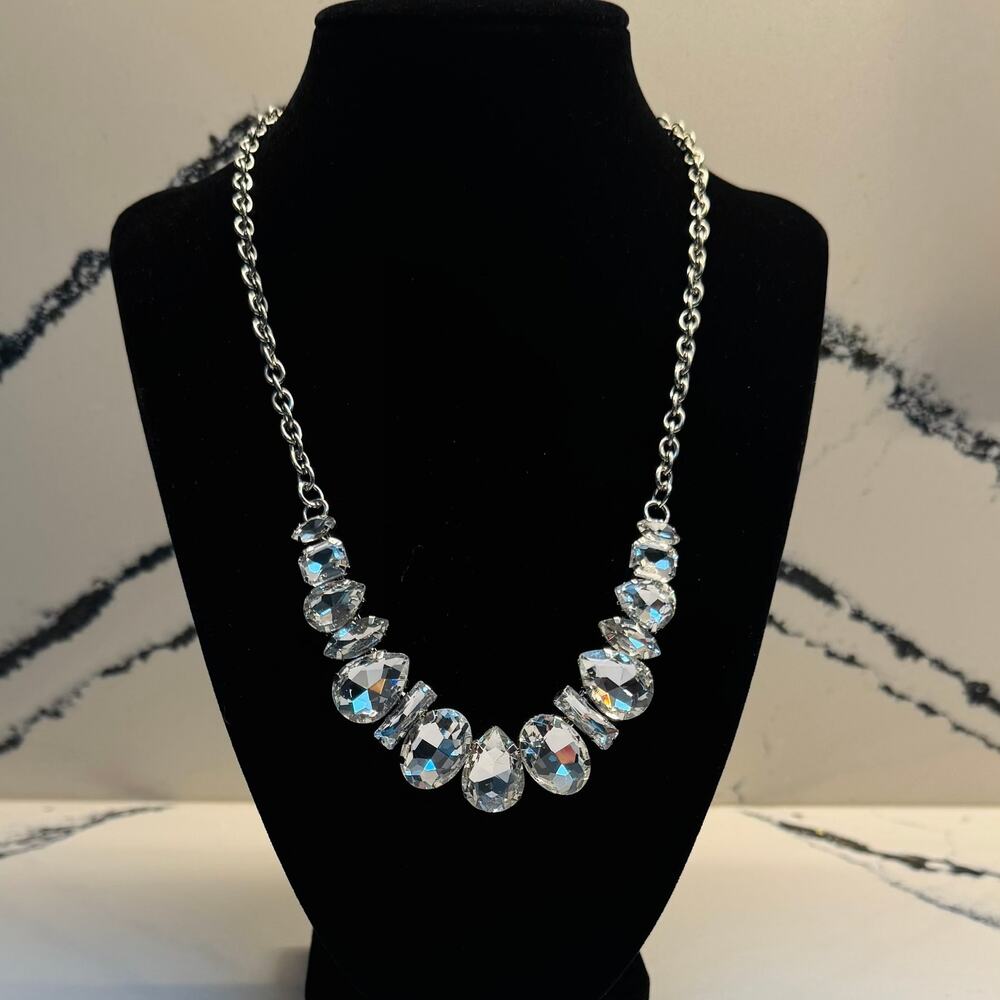 Silver Tone Clear Crystal Statement Bib Necklace Glam Wedding